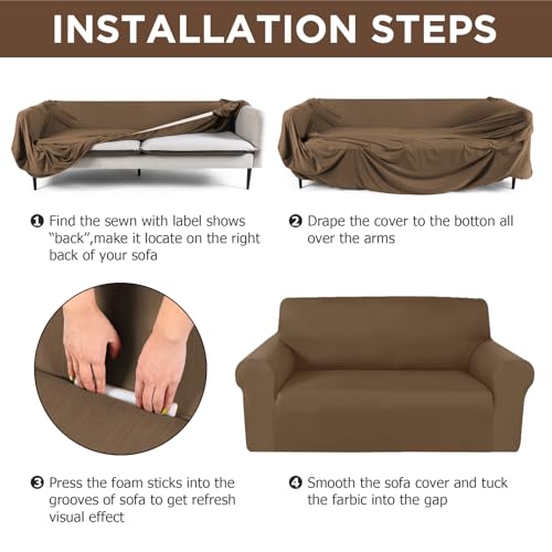Peryiter 3 Pcs Slipcover Set for Couch Furniture Covers for Sofa Loveseat Couch Arm Chair, Form Fit Stretch, Wrinkle Free, Furniture Protector(Chocolate Color,Milk Silk Spandex) - Thumbnail 5