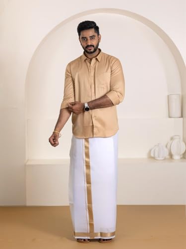 Image of RAMRAJ COTTON Men Premium Cotton Full Sleeves Shirt and Fancy Border Dhoti Set Luxe Set