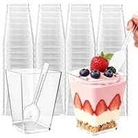 Hsxfl 50 Stück Dessertgläser Plastik, 150ML dessertbecher plastik mit Löffeln Klare Dessertschalen Wiederverwendbar Quadratischer Desserttassen Trapezoid Becher für Desserts Pudding Familiendesserts