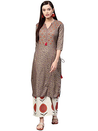 Image of ishin Women's Viscose Rayon A-Line Embroidered Thread Work Floral print Grey Kurta suit set with Palazzo