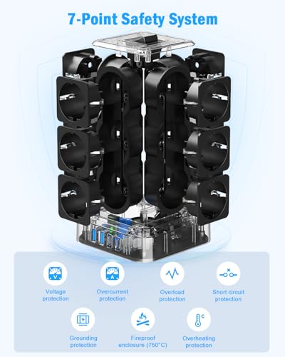 TOPREK Mehrfachsteckdose, 12 Fach Steckdosenleiste mit 4 USB, 20W USB C Schnellladen, 3680W/16A Steckerleiste Multisteckdose Steckdosenturm mit Schalter für Büro Küche Tisch, 2M Kabel 6