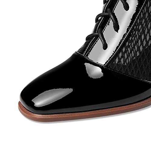 TinaCus Women's Square Toe Patent Leather & Mesh Handmade Selftie with Zipper Mid Chunky Heels Stylish Ankle Boots3