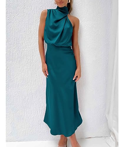 Image of Sexyshine Women's Elegant Halter Tie Neck Sleeveless Satin Long Dress Backless Split Cocktail Party Formal Wedding Maxi Dress