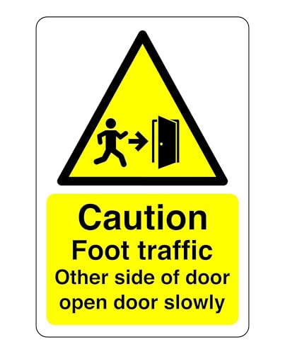 Image of Safety First Display LTD Caution footpath traffic other side of door open door slowly sign - High tack self-adhesive sticker (200mm x 150mm) Viewing Distance within 5m.