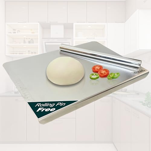 Image of Large Stainless Steel Chopping Board for Kitchen Countertop | Easy-Clean, Odor-Free Metal Cutting Board for Vegetables & Fruits | Durable Prep Board | 41 x 31 cm | Includes Stainless Steel Rolling Pin