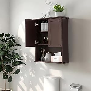 Dark Brown Bathroom Wall Cabinet Mounted Wooden Medicine Cabinets Espresso Over Toilet Storage Cabinet 23×29 Inch Hanging Bathroom Wall Cabinet with 2 Doors Adjustable Shelf Soft Hinge