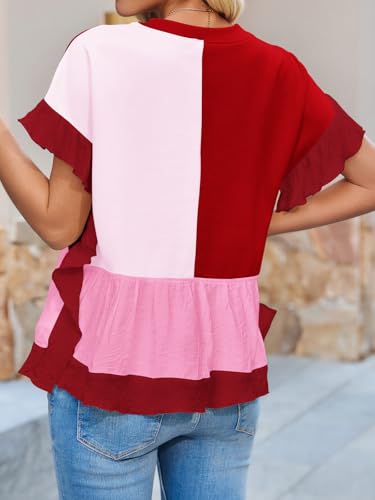 Tankaneo Womens Ruffle Batwing Sleeve Tops Summer Casual Color Block T-Shirts Loose Fit Peplum Babydoll Blouse3