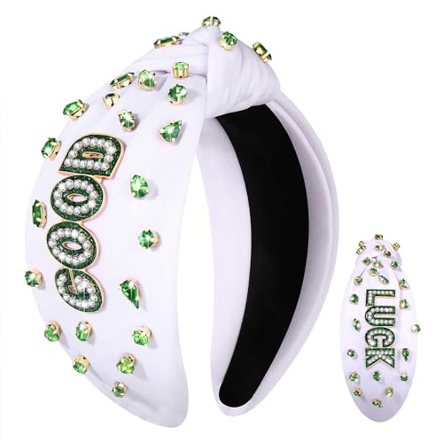 YAHPERN St. Patrick’s Day Headband for Women Good Luck Shamrock Knotted Headband Green Crystal Wide Top Knot Headbands Lucky Irish Holiday St. Patrick’s Day Hair Accessories Party Gifts (Good Luck)
