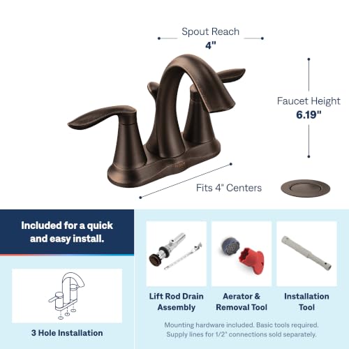 Image of Moen Eva Oil-Rubbed Bronze Two-Handle Centerset Lavatory Faucet with Drain Assembly, Sink Faucet Bathroom 3-Hole for Standard 4-inch Countertop Setup, 6410ORB