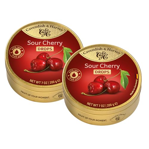 Cavendish & Harvey Sour Cherry Drops 2 x 200g Dose | Kirsche | Fruchtige Hartkaramelle Bonbons | Mit echtem natürlichen Fruchtsaft | Vegan Halal Koscher | 2 x 200g
