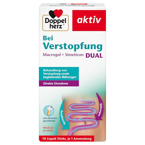 Doppelherz Bei Verstopfung Macrogol + Simeticon DUAL - Zur symptomatischen Behandlung von Verstopfung & begleitenden Blähungen - 10 Liquid Sticks mit Zitronengeschmack