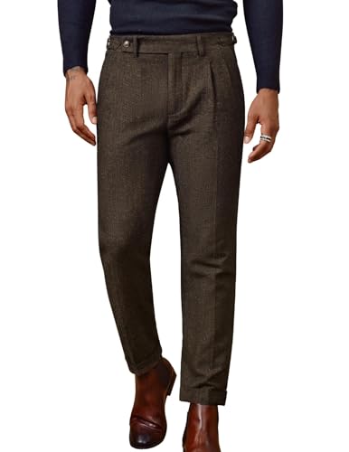 Mens Vintage Double Pleated Tweed Pants Retro Herringbone Straight fit Pants Brown