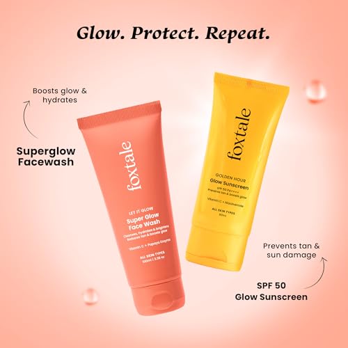 Image of Foxtale Bright Start Duo | Super Glow Face Wash with Vitamin C & Papaya Enzyme + SPF 50 Glow Sunscreen with Vitamin C & Niacinamide | Daily Tan Removal & Brightening | 100ml + 50ml | For Men & Women