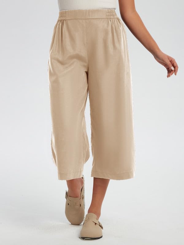 Les umes Women Linen Pants Summer Wide Leg Capri Pants High Waist Loose Cropped Lounge Trousers Culottes2