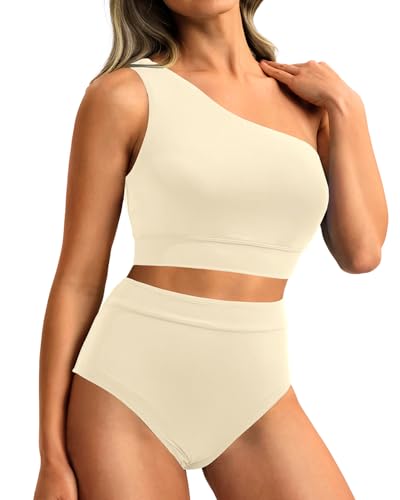 Image of Holipick Women One Shoulder High Waisted Bikini Sets Two Piece Swimsuit Tummy Control Bathing Suit Full Coverage Swimwear