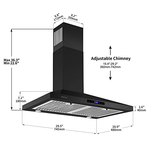 Image of SNDOAS Black Range Hood 30 Inch,Stainless Steel Wall Mounted Kitchen Hood with Touch Controls, Ducted /Ductless Convertible,Chimney-Style Stove Hood Vent for Kitchen,Baffle Filters,Black Painted Finish
