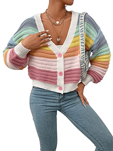 SweatyRocks Women's Color Block V Neck Button Front Knit Cardigan Sweater Outerwear4