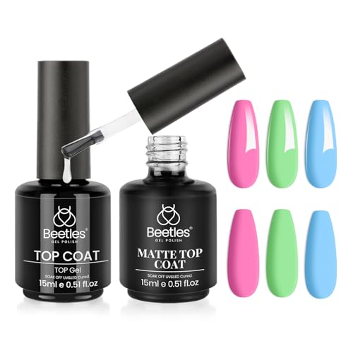 beetles Gel Polish 2 Pcs 15ml No Wipe Gel Glossy Top Coat & Matte Coat Shine Effect Long Lasting Soak Off Uv LED Nail Lamp Nail Art Design Manicure Kit Perfect Gifts for Women Girls