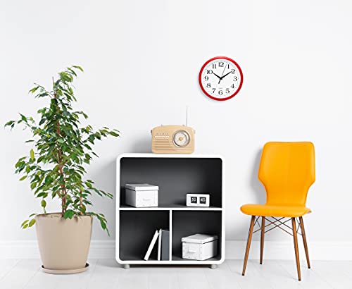 Image of Bernhard Products Red Wall Clock Silent Non Ticking - 10 Inch Quality Quartz Battery Operated Round Easy to Read Home /Kitchen /Office /Classroom /School Clocks, Vintage Retro Red Frame Black Numbers