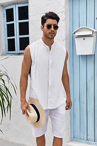 Bbalizko Mens Sleeveless Button Down Shirts Linen Cotton Summer Beach Basic Tank T-Shirt Tops3