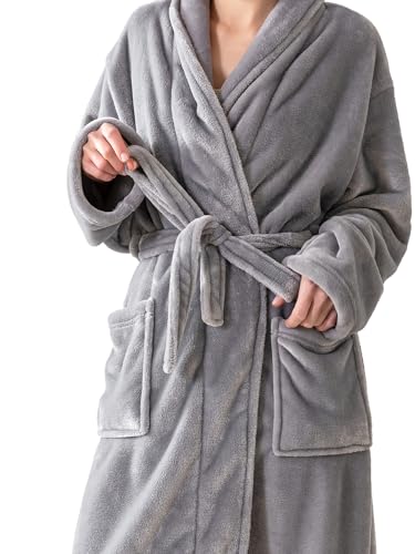 KORBLISS Robes for Women – Premium Plush Fleece Long Bathrobe for Women with Shawl Collar, Soft Warm Womens Robe with Pockets and Belt, X-Large, Light Grey — view 5