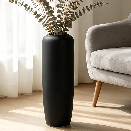 JIDOFUE Jarrón de suelo vintage de cerámica negra, 60 cm, estilo bohemio rústico para hierba de las Pampas, flores o decoración, perfecto para salón, entrada o como decoración en mesas.