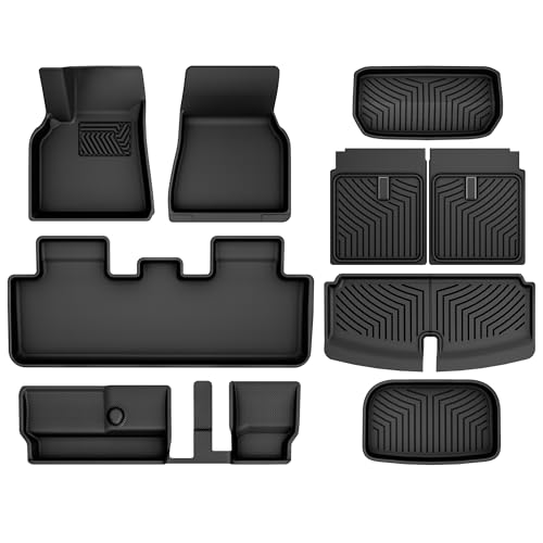YITAMOTOR Tesla Model Y 7 Seater Floor Mats 2020-2025 9 PCS Custom Fit All Weather TPE Rubber Liners for 20-25 Model Y 7 Seat Anti-Slip Tesla Accessories Rear Trunk Cargo Mats Rugs Full Set Black