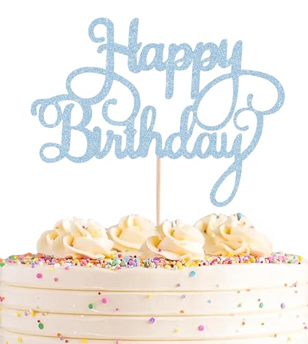 AHAORAY Happy Birthday Cake Topper - Light Blue Glitter Happy Birthday Cake Bunting Decor - Birthday Party Cake Decoration Supplies, for Photo Booth Props