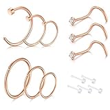 D.Bella Rose Gold Nose Ring, 18 Gauge Nose Ring Hoop 8mm 10mm 12mm Nose Screws and Clear Nose Studs By