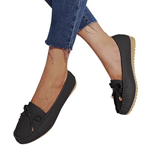Briskorry Damen Ballerinas Schwarz Bowknot Mokassins Leder Retro Plateau...