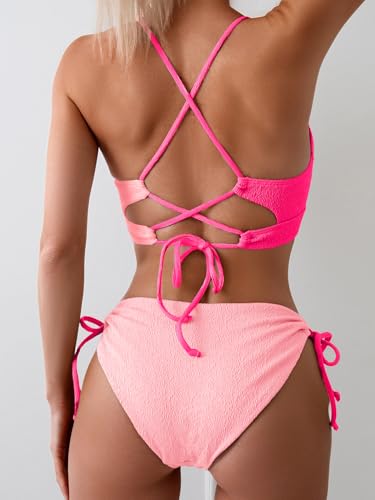 Image of B2prity Tie Bikini Top Set Sexy Push Up 2 Piece Swimsuit Color Block Bathing Suit Full Coverage Swimwear for Curvy Women