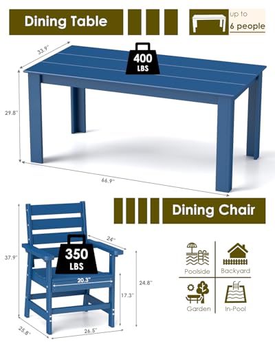 Image of GREENVINES 7-Piece Outdoor Dining Set | HDPE | Patio Table and Chairs Sets for 6 | Patio Furniture | All Weather | Umbrella Hole | Blue| for Backyard Poolside Garden