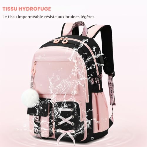 Byitin Ensemble Cartable Fille Primaire Collège 2 Pièces, Noir-Rose, 25L – vue 7