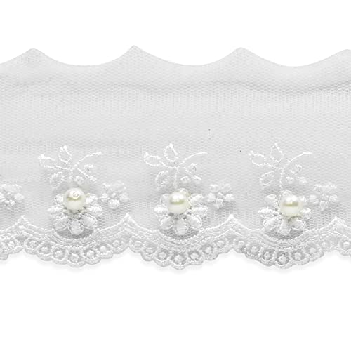 Trims by the Yard Vintage Daisy with Pearl Bridal Lace Trim, 1 ½” Wide Versatile Trim with Pearls for Wedding Decorations, Fashion, and Home Decor Items, 5-Yard Cut, White
