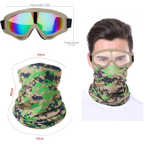 Image of LJDJ Motorcycle Goggles,2 Pack Dirt Bike ATV Motocross Riding Hiking Protective with 2 Pack Neck Breathable Bandana Mask (Khaki /Clear+Colorful Lenses)