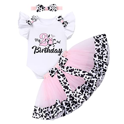 Bebé Niña Conjunto Cumpleaños 1 Año/2 Año Disfraces de Animales de Granja Vestido Estampado de Bebé Niña + Tul Tutu Falda + Diadema con Pajarita Princesa Partido Vestido Vacuno de leche 2 año 2 Y