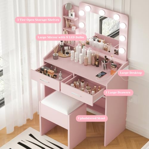 GarveeHome Vanity Desk with Mirror and Lights, Makeup Vanity with Power Outlet & Cushioned Stool, 3 Lighting Modes Adjustable Brightness, Dressing Table with Hairdryer Holder for Bedroom, Pink