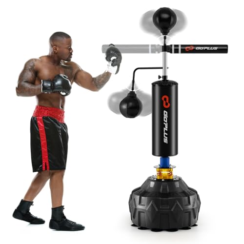 Goplus Boxing Speed Trainer Freestanding Punching Bag 360 Spinning Bar with 2 Reflex Speed Balls Shock Absorbers Fillable Base Height Adjustable Boxing Training Equipment for Teens Adults