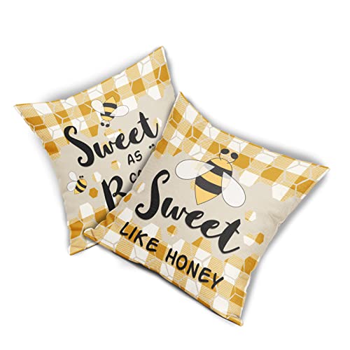 Bee Pillow Covers 18X18 Set Of 2 Sweet Honey Summer Cute Small Animal Yellow Buffalo Plaid Throw Pillows Farmhouse Outdoor Decorative Pillowcase Linen Square Cushion Cover For Home Couch Sofa Bed #TOP1