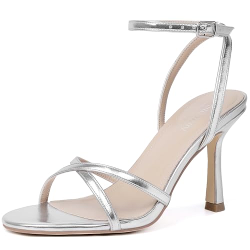 Image of Mostrin Strappy Heels for Women Ankle Strap Heels Women's Heeled Sandals for Party Prom Wedding