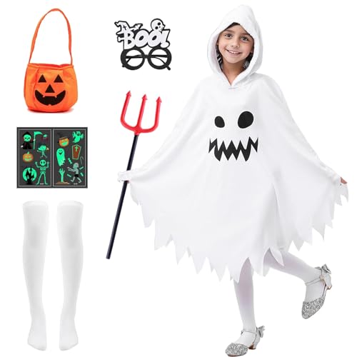 Blisscok Capa fantasma rosto fantasma brilhante, capa fantasma com meias bolsa abóbora e garfo vermelho, truque ou tratamento disfarce de Halloween para fantasma assustador cosplay festa (XS)