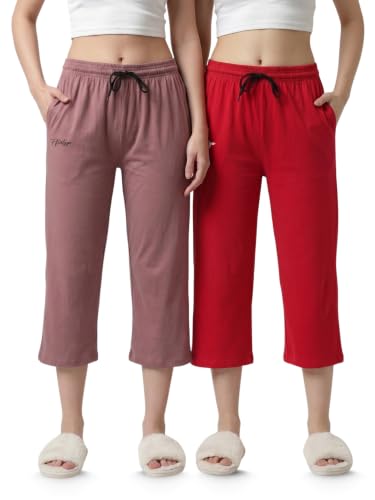 Image of Fflirtygo Women's Cotton Plain Calf Length Capri | Nightwear Short Pyjama | 3 /4th Solid Pyjama Pant | Regular Fit Casual & Lounge Wear Capri Combo (Pack of 2)