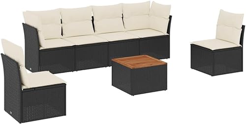 Miniatura 2 de 7 Piece Garden Sofa Set Black and Cream White Outdoor Furniture with Removable Cushions, UV-Resistant Patio Seating for 6 People, Modern Woven
