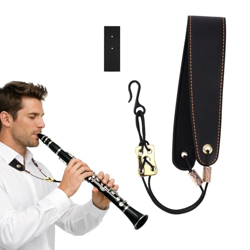 Sinbana Clarinet Neck Strap Adjustable, 41-50.5cm/16.1-20in Durable Leather with Soft Padded Support & Metal Hook Comfortable Shoulder Support Strap for Bb/A Clarinets