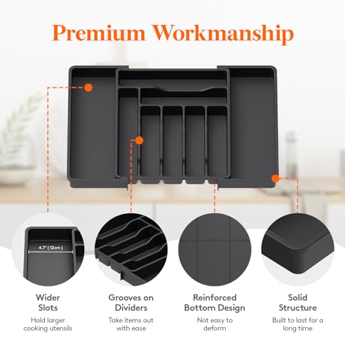 Lifewit for Drawers, Expandable for Kitchen Drawers, Adjustable, Plastic, Cutlery Spoons, Forks, Knife Holder, Large, Black