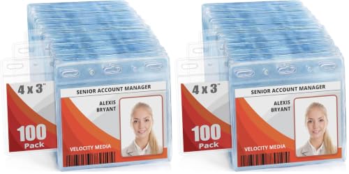 Mifflin-USA Horizontal No Zip Card Protector with Metal Clip and Vinyl Straps (Clear, 4x3 Inch, 200 Pack), Quick Load PVC ID Name Badge with Clips