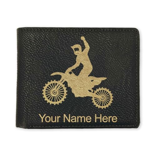 LaserGram Faux Leather Bi-Fold Wallet, Motocross, Personalized Engraving Included (Black with Gold)