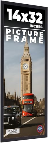 14x32 Frame Black Real Wood Picture Frame Width 0.75 Inches | Interior Frame Depth 0.5 Inches | Noir Classique Mid Century Photo Frame Complete with UV Acrylic, Foam Board Backing & Hanging Hardware