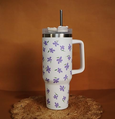 Image of 1200ML Stainless Steel Tumbler Hot and Cold with Handle and Lid and 2 Straws, Double Insulated Cup Leak Proof Mug Cupholder for Gym, Travelling (Purple Flowers)