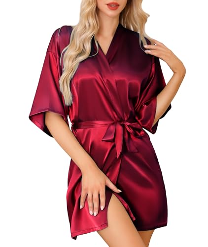 Image of Lovasy Women's Satin Robe Summer Silk Dressing Gown for Women UK Short Kimono Dressing Gowns Bridesmaid Bride Party Silk Robes,Purplish red,M